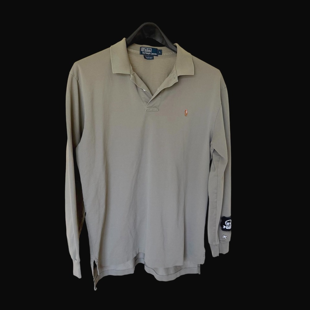 90's Polo Ralph Lauren L Pima Cotton Long Sleeve Polo Olive Skull Painted